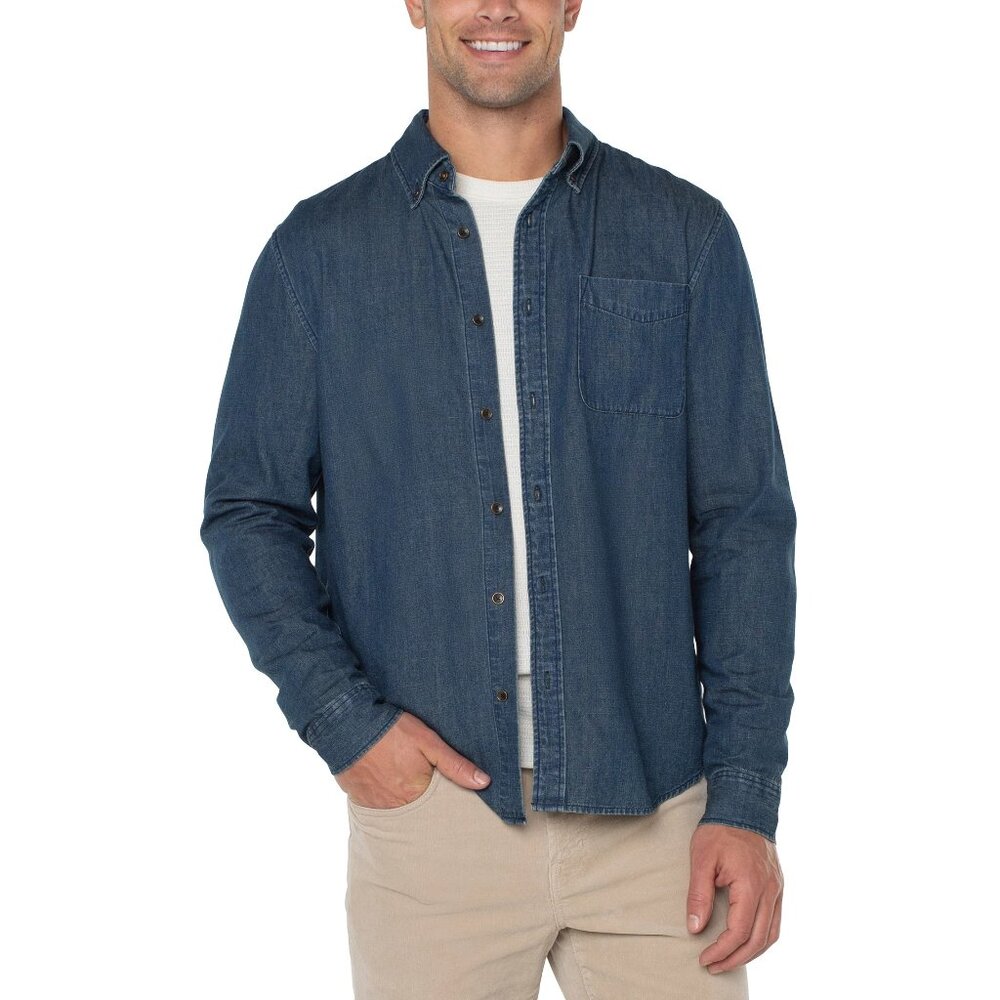 Liverpool Los Angeles Chambray Shirt with Button Collar in Vintage Chambray